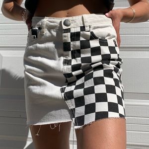 Asymmetrical Checkered Denim Mini Skirt